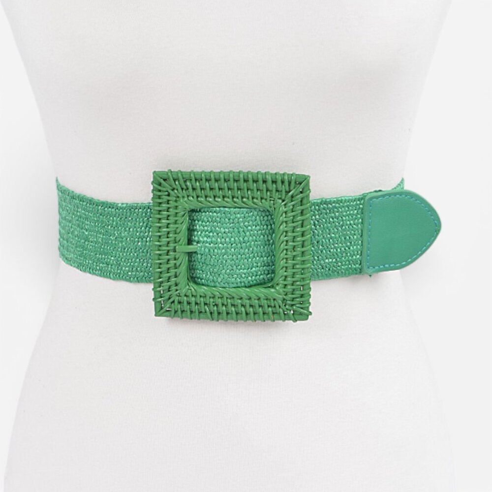 BNWT Brand New Raffia Square Buckle Faux Straw Elastic Fashion Belt - GREEN